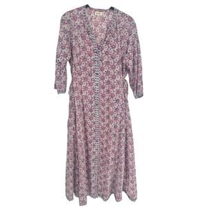 DORI Maxi Dress Large XL Cotton Long Sleeve Pink Tie Waist